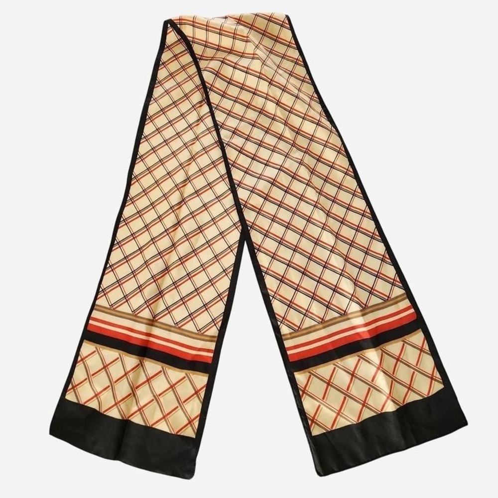 Vintage 1970s Silk Scarf Beige Red Black Plaid Pattern Retro Accessory